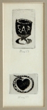 František Tichý: Pohár a Srdce a had, 1953, soutisk dvou ilustrací k „Havranu“ (E. A. Poe), suché jehly 72x42mm, 40x55mm, (blíže Dvořák 231, 232), obě signovány, rámováno, cena 8.200.- Kč